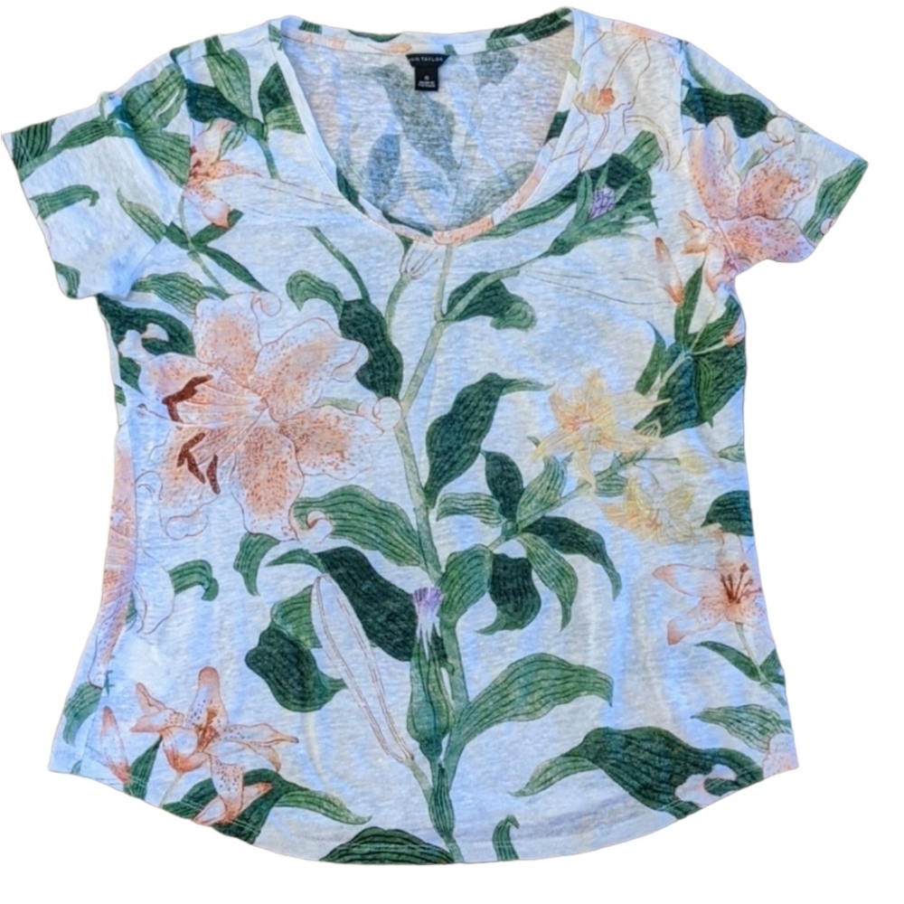Ann Taylor Linen Tee SS Floral Print Sz Small
